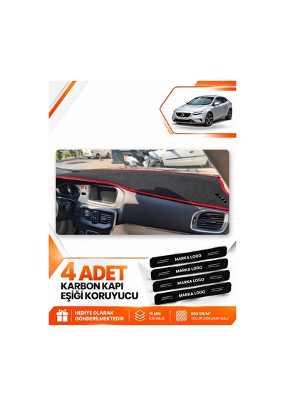 Volvo V40 2012-2019 Uyumlu Ön Torpido Koruma Koruyucu Kılıfı Halısı Örtüsü - Siyah Kırmızı