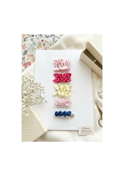 Kız Çocuk Kurdele Figürlü Pembe Tonlar Pastel Renkler Çok Renkli Sevimli Şık Tasarım 5 Li Klips Toka Seti Pembe