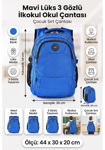 Mavi Lüks 3 Gözlü İlkokul Okul Çantası Çocuk Sırt Çantası Günlük Kullanım 44 X 30 X 20 Cm Çok Renkli