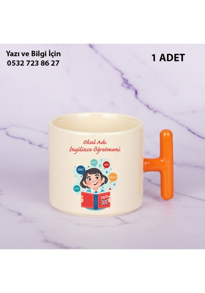 İngilizce Öğretmeni Öğretmenler Günü İçin Kişiye Özel İsim Baskılı T Kupa Bardak Öğretmenehediyelik Turuncu