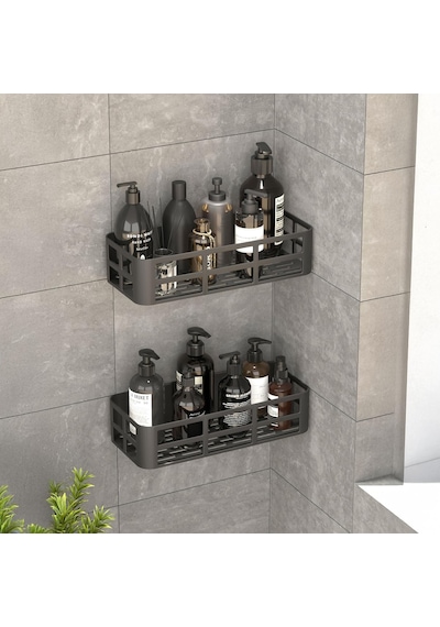 2&apos Li Set Siyah Yapışkanlı Banyo Duş Rafı - 27x12 Cm Matkapsız Montaj Şampuanlık Ve Mutfak Baharatlık Organizeri