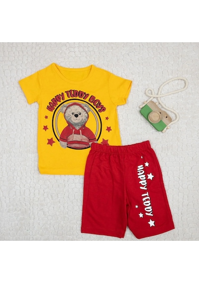 Momikon Erkek Çocuk Happy Teddy Boys Yazılı Pamuklu Takım Sarı