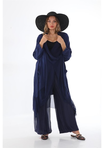 Bohem Stil Italyan Ipek Detaylı Oversize Kap Bluz- Wes Pantolon Takım-8789 Lacivert