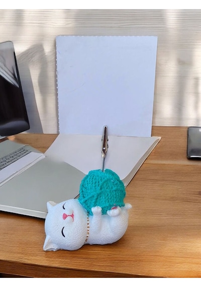 Turkuaz Yumaklı Yatan Kawaii Kedi Temalı Not Tutacağı Fotoğraf Tutacak Tutucu Ofis Hediyelik Turkuaz