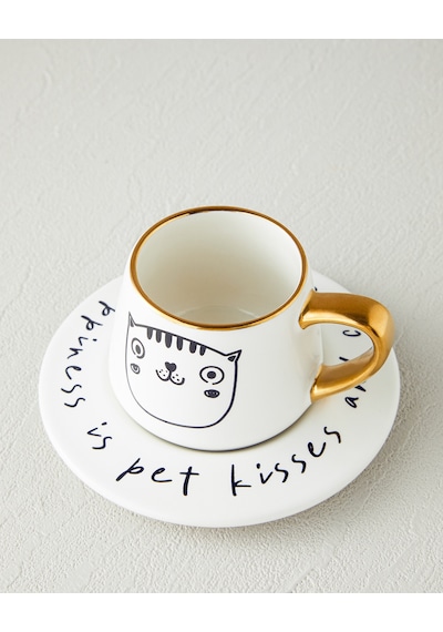 English Home Cute Cat New Bone China 2 Parça 1 Kişilik Kahve Fincan Takımı 90 Ml Siyah-gold Siyah-Gold