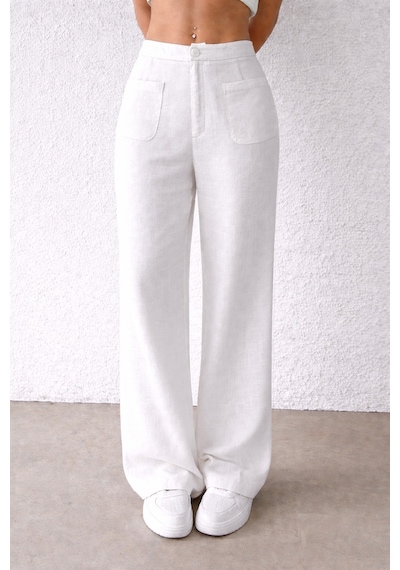 Tarz Cool Kadın Wide Leg Pantolon Ön Cep Detaylı Rahat Kalıp Günlük Pantolon Beyaz