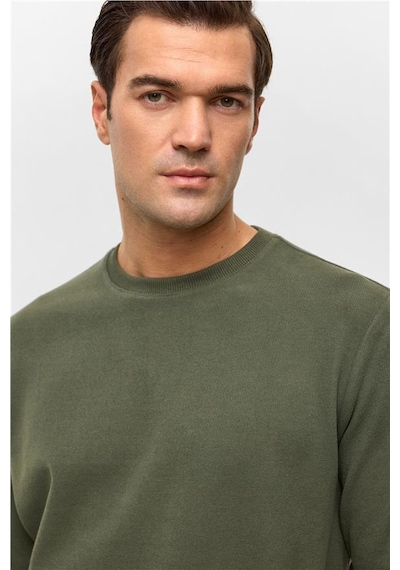 Süvari Haki Regular Düz Bisiklet Yaka Sweatshirt Haki
