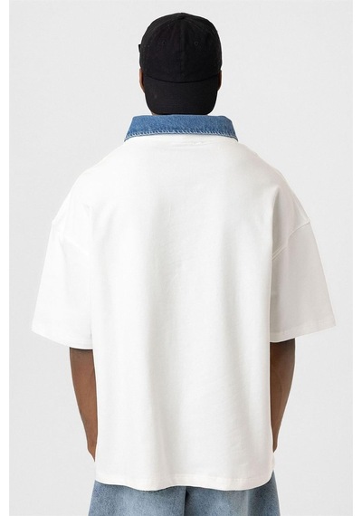 Polo Yaka Yazı Detaylı Oversize Tişört Ekru