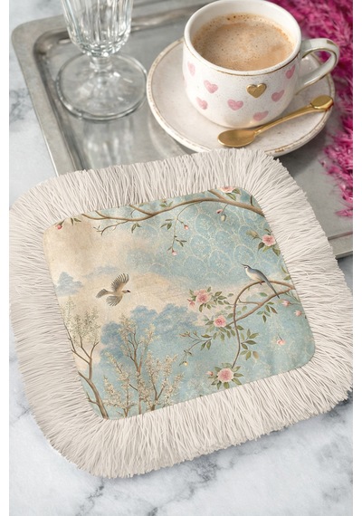Lüks Kuşlu Çiçekli Püsküllü Sunum Peçetesi-pastoral Vintage Mavi Pembe Krem Bardak Altlığı Mendil Çok Renkli