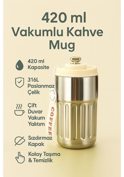 316 L Silver 420 Ml Vakumlu Sıcak Soğuk Kahve El Termos Mug Cin486slv