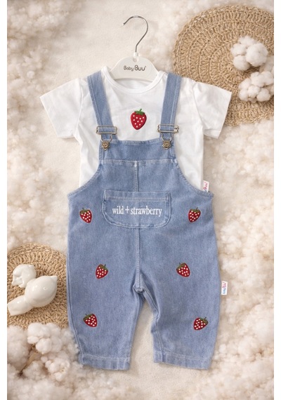 Aslin Store Çilek İşlemeli Cep Detaylı Kısa Kollu Kız Bebek Salopetli 2 Li Takım Beyaz Beyaz