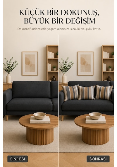Wellsoft Dekoratif Kırlent Kılıfı 45x45 Ve 30x50 Peluş Koltuk Kanepe Yastık Kılıfı Çizgili 30 x 50