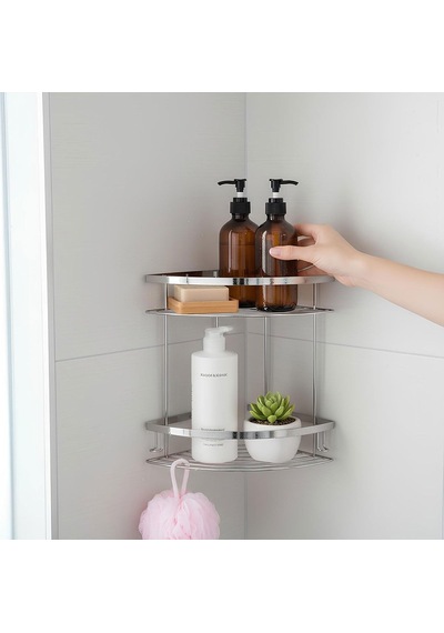 İki Katlı Krom Şampuanlık 18x18 Cm Paslanmaz Banyo Rafı Duş İçi Köşe Düzenleyici Organizer Diğer