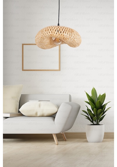 Bambu Elips Sarkıt Avize Lamba 42cm - Iskandinav, Modern, Bohem, Rattan Aydınlatma Bej