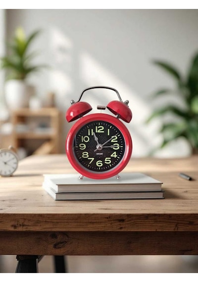 Metal Süper Yüksek Sesli Alarm Saati, Işıklı, Fosforlu, Gece Görünen Kadranlar, Sessiz Saniyeli Kırmızı