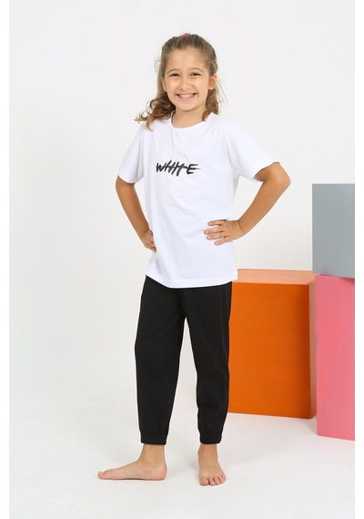 Akbeniz Kız Çocuk Kısa Kol Beyaz Penye Pijama Takım 20432