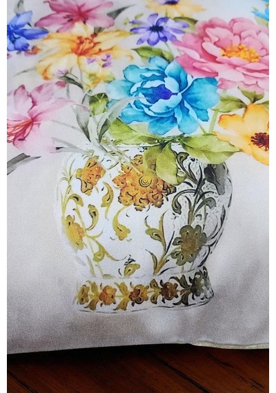 Vintage Vazo Çiçek Desenli Dijital Baskılı Kırlent Kılıfı - 40x40 Cm Ekru