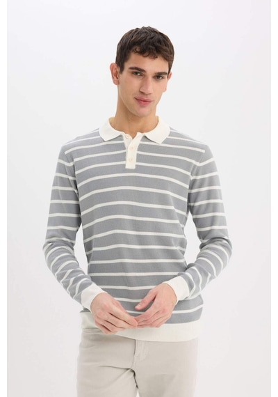 DeFacto Standart Fit Polo Yaka Çizgili Triko Kazak E7604AX24WNGR253