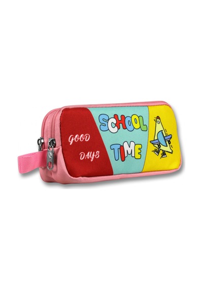 Cennec İki Bölmeli School Time Baskılı Pembe - Yeşil Kız Çocuk Kalem Çantası - 6071 Pembe - Sarı