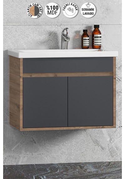Çiğdem 80 Cm Atlantik Çam-antrasit Gri Mat Mdf Lavabolu Alt Dolap Antrasit - Atlantik Çam
