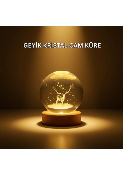 Usb Bağlantılı Geyik Temalı Kristal Küre Premium Masa Gece Lambası Altın