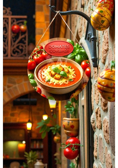 Domates Çorbası Görselli İpli Mdf Ahşap Kapı Duvar Süsü, Restoran, Mutfak Dekoratif Tablo