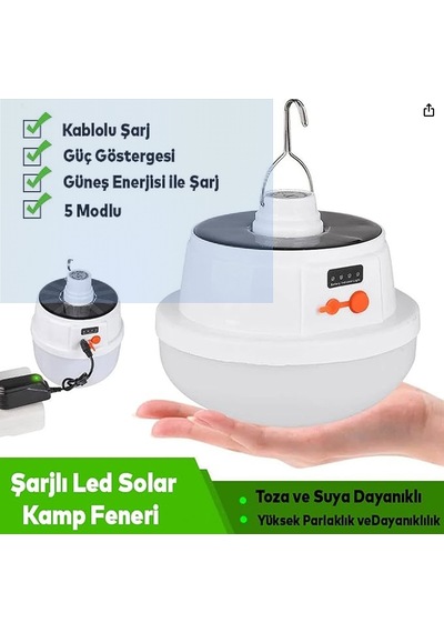 Klaus Pro Solar Kamp Lambası Güneş Enerjili Kamp Lambası Usb 5w 12saat Beyaz