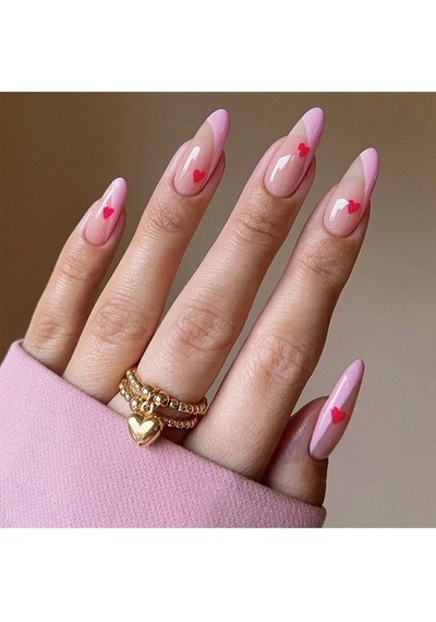 French Kırmızı Kalpli Takma Tırnak Seti 24 Adet - Pembe