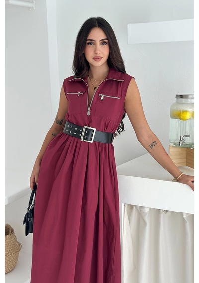 Asprin Fashion Paraşüt Kumaş Kemerli Elbise Bordo Bordo