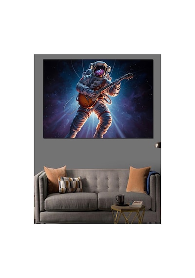 Uzayda Gitar Çalan Modern Astronot Yağlı Boya Dokulu Kanvas Tablo Canvas Tablosu