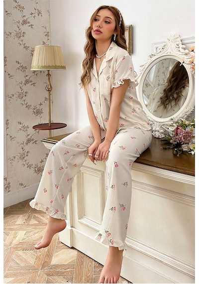 Bella Notte Çiçek Baskılı Fırfırlı Uzun Pijama Takımı Beyaz
