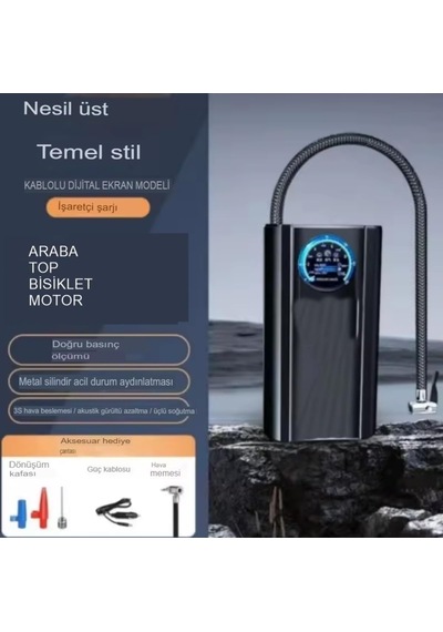 Slım Siyah Göstergeli Oto Araç Profesyonel Hava Pompası Kompresör, Mini Lastik Şişirme Pompası