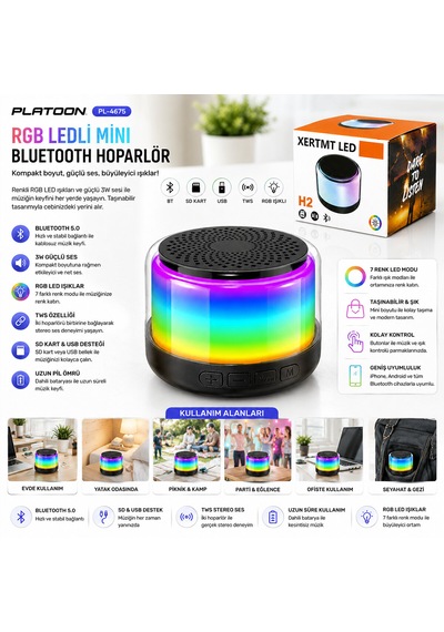 Tws Mini Bluetooth Hoparlör Rgb Led Ses Bombası Type C Tf Card