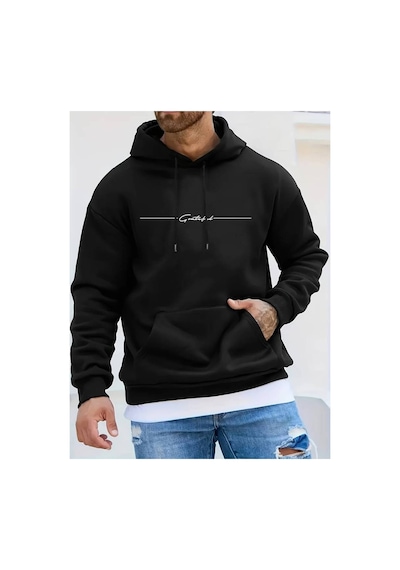 Medinenur El Yazı Detaylı 2 İplik Şardonlu Kapüşonlu Sweatshirt Siyah