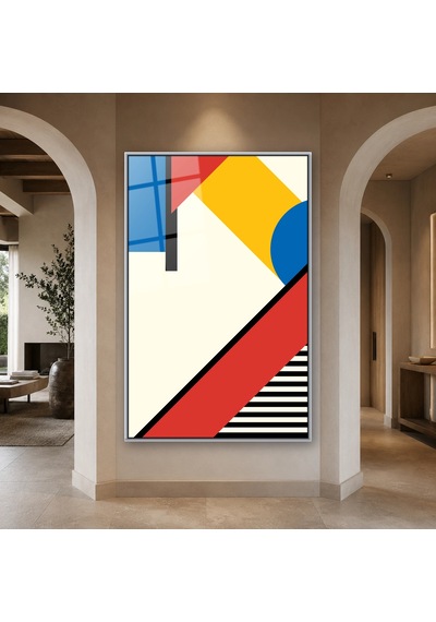Kırmızı Mavi Sarı Bauhaus Blokları Gümüş Çerçeveli Cam Tablo