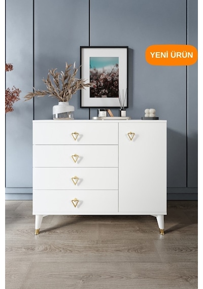 Simple 4 Çekmeceli 1 Kapaklı Modern Şifonyer Beyaz Gold Beyaz - Gold
