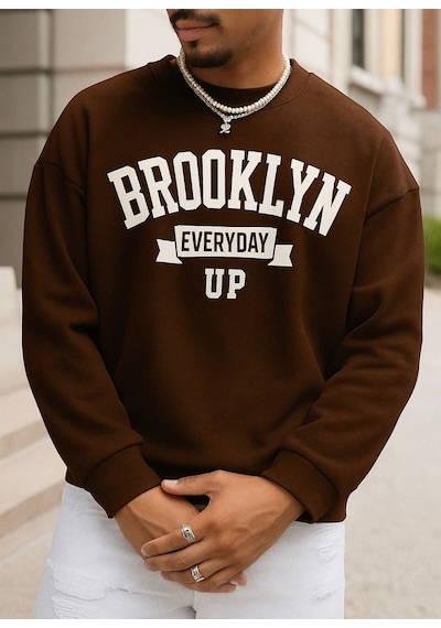Benroma 3 İplik Penye Brooklyn Baskılı Unisex Sweatshırt Kahverengi