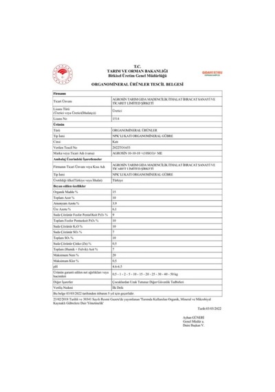 Agrosin Harmonia 10.10.10 + 10 So3 + Me Organomineral Granül Gübre 2 Kg