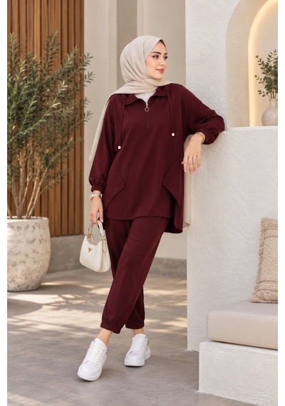 Unika Boutique Kadın Yarım Fermuar Detay İkili Salaş Takım Bordo