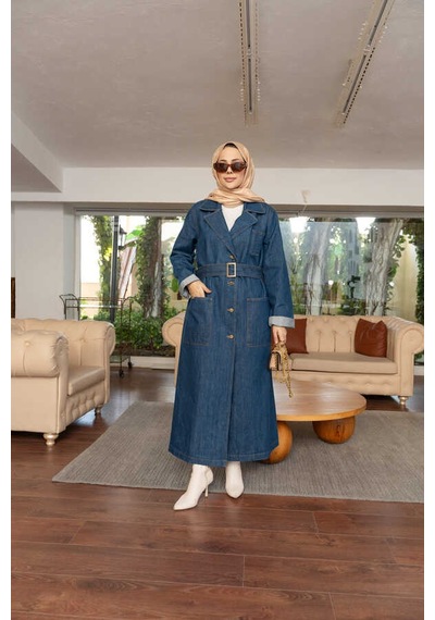 Neways 6655-kuşaklı Denim Ceket Koyu Mavi Koyu Mavi