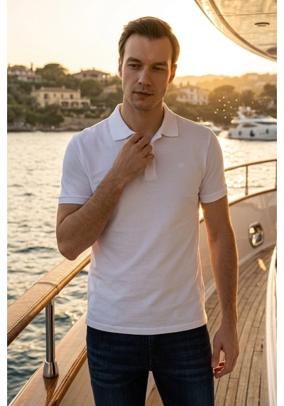 Süvari Slim Fit Düz Baskısız Pike Düğmeli Polo Yaka Nefes Alabilen T-shirt Beyaz