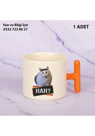 Beyaz Kedi Baskılı Kişiye Özel İsimli Hediyelik T Kupa Bardak-kedi Sevenler İçin Özel Hediye Turuncu