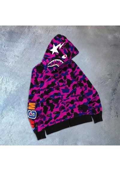 Erkek 2 İplik Bape Kapüşonu Fermuarlı Hırka - Mor