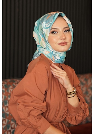 Afvente Soyut Yaprak Desen Mint Pamuk Eşarp Bej