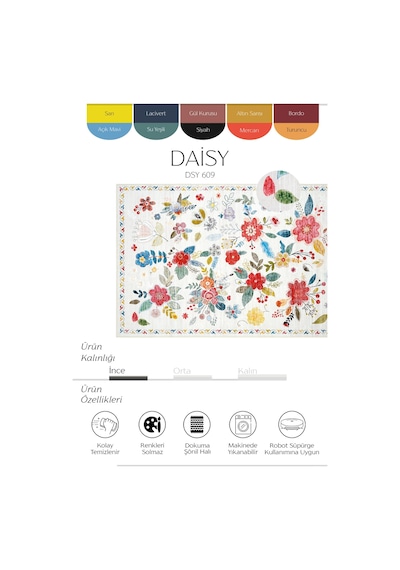 Cool Halı Daisy Beyaz Renkli Bohem Halı Yıkanabilen Çiçekli Dokuma Şönil Halı Vintage Ev Oda Halısı