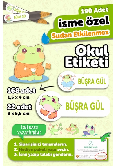 Okul Etiketi Kalem Defter İsimli Etiket Isim Yazılabilen Kurbağa - 190 Adet Özel Tasarım Okul Etiket Çok Renkli
