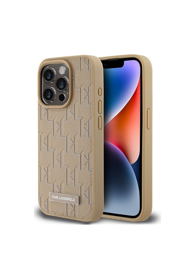 Apple Uyumlu iPhone  15 Pro Max Kılıf Karl Lagerfeld Lisanslı Magsafe Şarj Özellikli Kl Yazılı Hot Stamp Krem