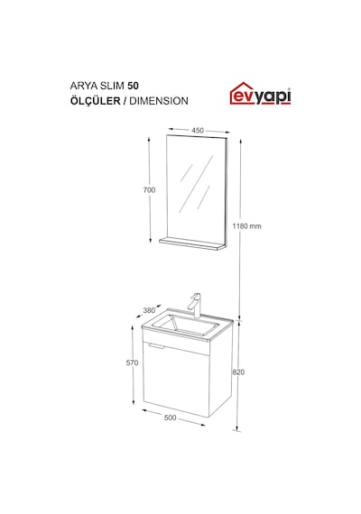 Biani Fix Arya Slım 50 Cm Banyo Dolabı,Seramik Lavabolu, Aynalı,Lavabo Dahil,Mdf,Mat Beyaz