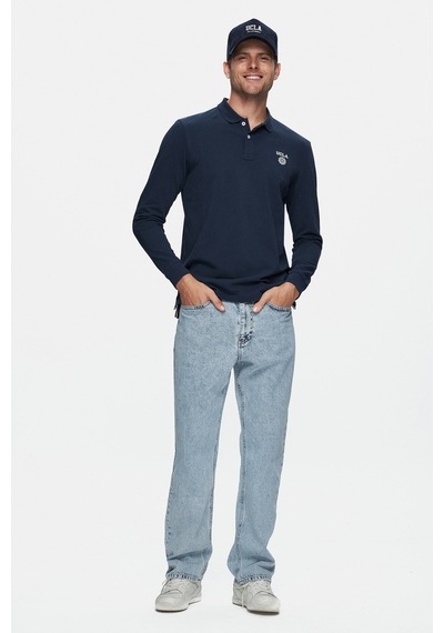 Ucla Maxwell Lacivert Polo Yaka Baskılı Standard Fit Erkek Sweatshirt Lacivert