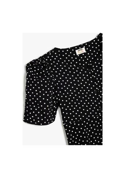 Koton Kız Çocuk Puantiyeli Elbise Balon Kollu Düğme Kapamalı Viskon Kumaş Siyah